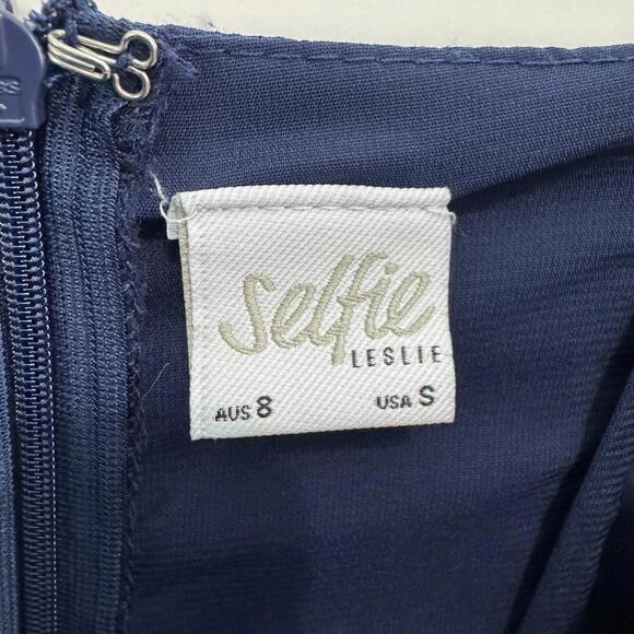 Selfie Leslie Women’s Size Small Navy Blue Faux Wrap Tie Front Mini Dress - Picture 3 of 8